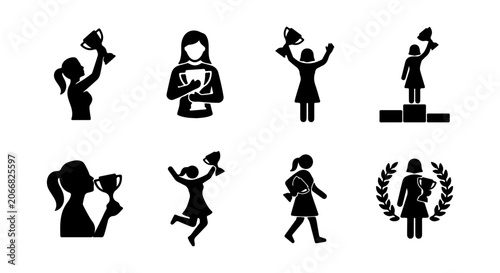 Fotografie Woman Achievement Icons, Female Success Symbols, Victory Trophies, Award Celebra