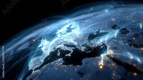 A globe's illuminated face showing Europe, with glowing lines representing data or travel connections, on a dark backdrop