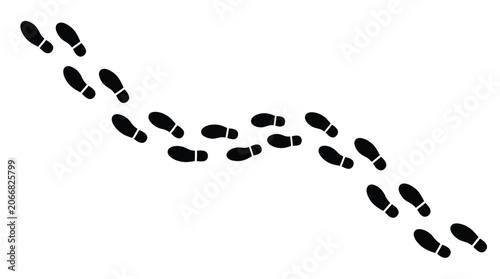 Detailed black vector illustration of a curved walking path created with multiple unique shoe footprints