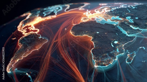 A digital world map illuminated with glowing orange and blue lines representing global connectivity and data flow at night