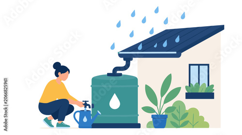 Rainwater Harvesting System With Barrel Tank And Plants.