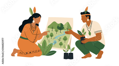 Two People Planting Saplings In A Garden Scene Focused On The Main Subject.
