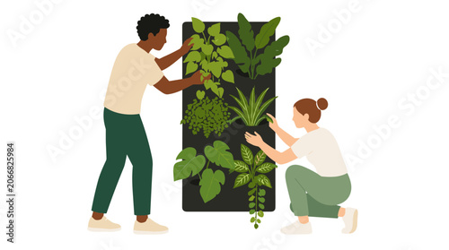 Two People Tending A Vertical Plant Wall Garden.