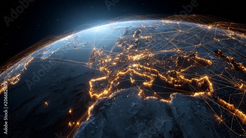 A stunning nighttime view of Earth from space, focusing on Europe, highlighting city lights and connections