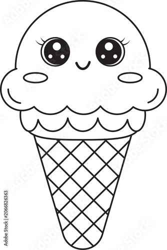 Ice cream, line drawing for coloring and summer decoration.