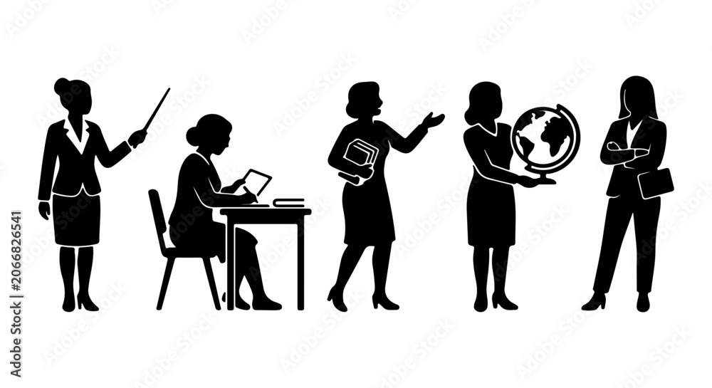 Naklejka premium Business Women Silhouettes: Diverse Professional Poses, Education, Global Concepts, Office Work, Leadership Icons