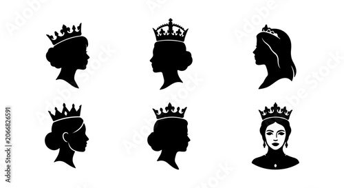Foto Royal Silhouettes: Elegant Queen and Princess Crown Icons, Vector Set for Regal