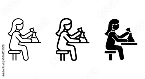 Scientist Woman Research Lab Icons, Chemistry Flask Study Vector Set, Education Science Experiment Graphics