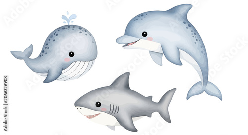 Photography Cute cartoon whale dolphin and shark sea animals set