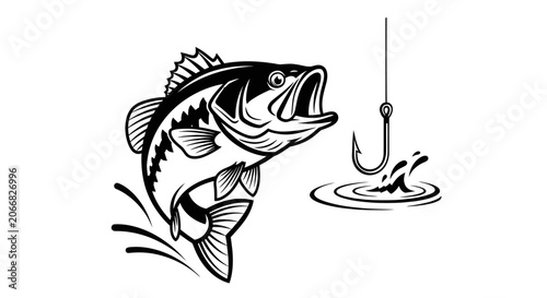 Black and white bass fish jumping for a fishing hook