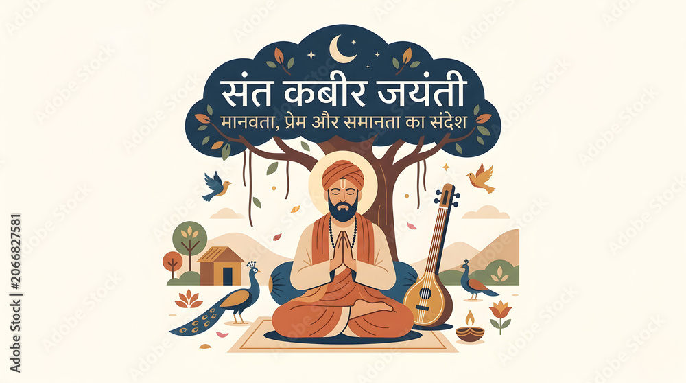 Fototapeta premium Kabir Jayanti Greeting Card Vector Illustration with Sant Kabir Das Playing Tanpura under Banyan Tree