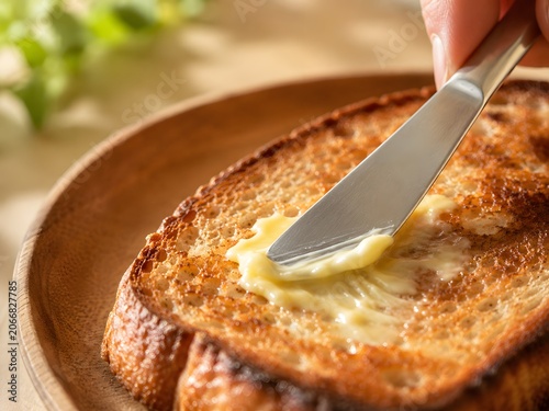 Hand spreading creamy butter with a knife on a slice of crunchy toasted bread on a wooden plate
