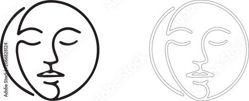 Minimalist crescent moon with face line art illustration. Continuous line drawing of celestial human profile. Vector abstract mystic sun or moon outline icon for astrology logo or tarot.