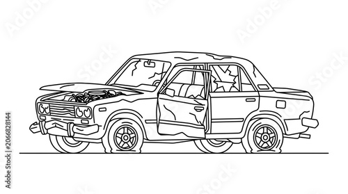 Cuadro en lienzo Damaged Old Car Illustration, Flat Tires, Broken Windows, Open Hood