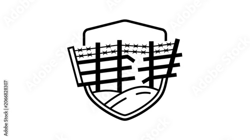 Abstract Shield with Barbed Wire Fence and Hills Line Art Icon