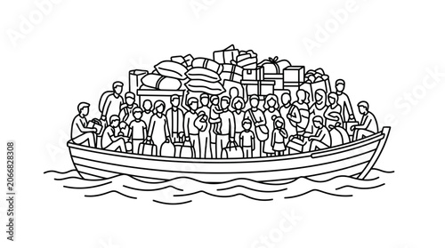 Overcrowded Boat Carrying Refugees with Belongings on Wavy Sea