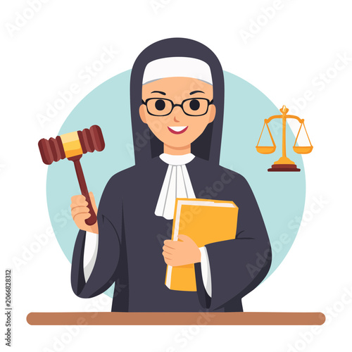 Illustration of a smiling judge holding a gavel and book