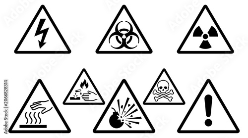 Collection of Warning Signs Icons: Danger, Biohazard, Radiation, Hot Surface, Poison