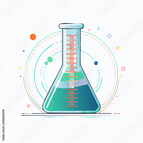 Laboratory Flask with Colorful Liquid and Abstract Scientific Graphics