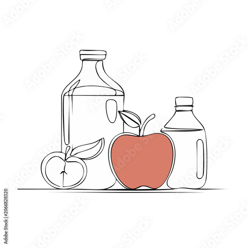 Line art illustration of apple and juice bottles