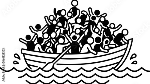 Crowded Boat, Refugee Crisis, Migration, People Crossing Sea, Overloaded Vessel