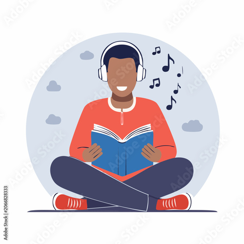 Man Reading Book with Headphones and Music Notes