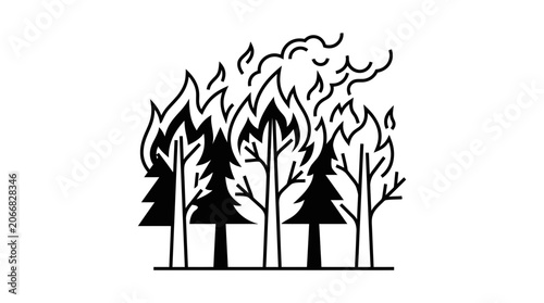 Forest Fire Icon: Stylized Trees Burning with Flames and Smoke