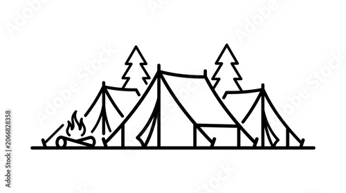 Minimalist Camping Scene with Tents, Trees, and Campfire