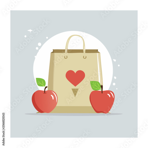 Paper Bag with Apples and Heart Symbol Illustration
