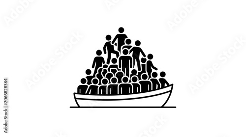 Overcrowded Boat with People Icon, Migration Concept
