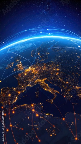 Global Network Connections Earth at Night Digital Art.