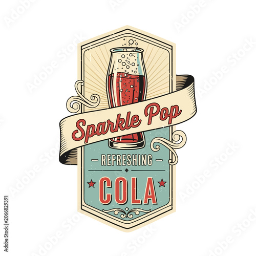 Vintage refreshing cola label design vector illustration, retro sparkle pop soda beverage emblem isolated on white background
