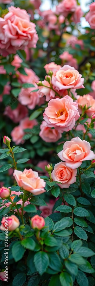 Obraz premium Summer greenery with pink blooms, peach roses, and bokeh, natural beauty, soft focus