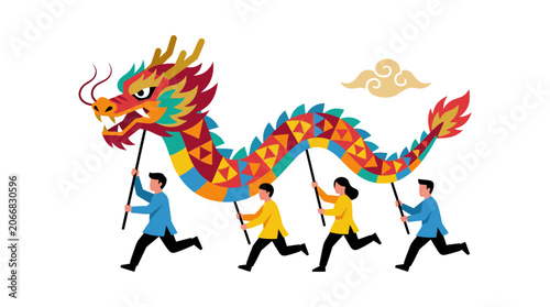 People Dancing With Colorful Dragon For Festival Celebration