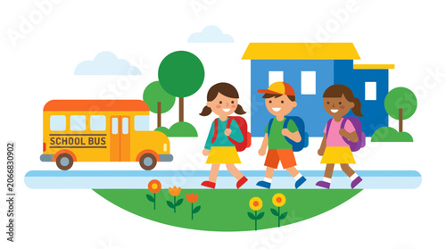 Children walking to school bus with backpacks, cartoon flat illustration