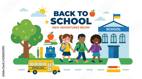 Back to School: Diverse Children Walking to School with Bus and Building