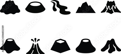 Foto Black silhouettes of volcanoes and volcanic eruptions