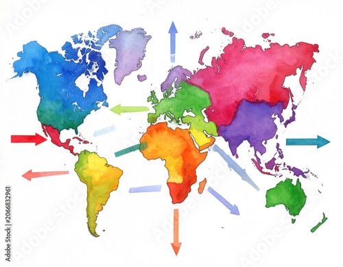 Colorful World Map with Arrows Illustrating Global Connections and Movements.
