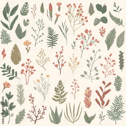 Ethereal Botanical Elements and Floral Illustrations A Collection of Delicate Leaves and Twigs