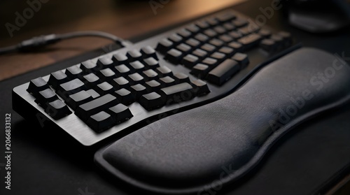 Black mechanical computer keyboard with ergonomic wrist rest on desk