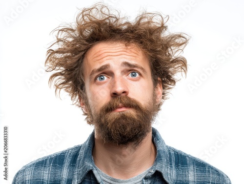 Man with Messy Hair and Beard: A confused or surprised man with unkempt, wild curly hair and a full beard looks up with wide, uncertain eyes, possibly after waking up or experiencing a shock.