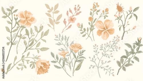Soft Pastel Botanical Illustration Set Featuring Elegant Hand Drawn Wildflowers and Delicate Foliage Elements for Creative Floral Design Projects