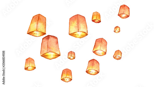 Foto Watercolor flying sky paper lanterns isolated on transparent background