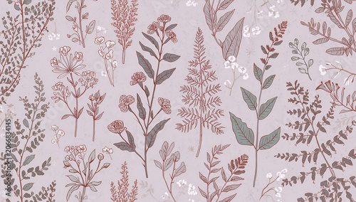 Elegant Vintage Botanical Garden Seamless Pattern Featuring Delicate Wildflower Sketches and Intricate Fern Foliage Illustrations in Muted Earthy Tones