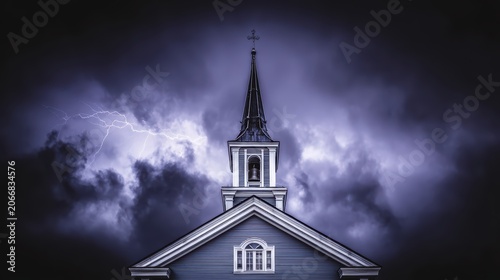 Church Steeple Under Stormy Skies: A church steeple stands tall against a dramatic backdrop of dark, swirling storm clouds and flashes of lightning.