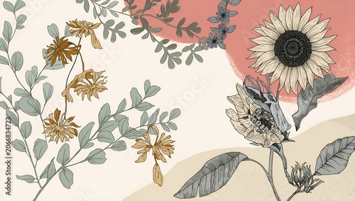 Elegant Vintage Botanical Illustration with Sunflowers and Wildflowers on Abstract Pastel Background