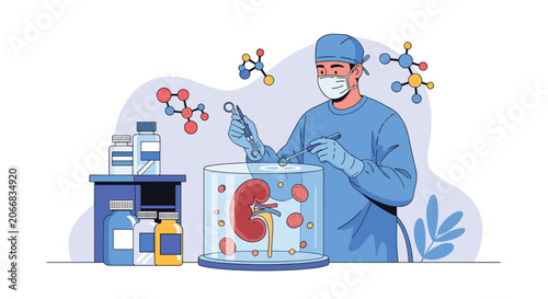 Medical researcher in a blue surgical gown and mask examining a 3D model of a human kidney in a modern laboratory.