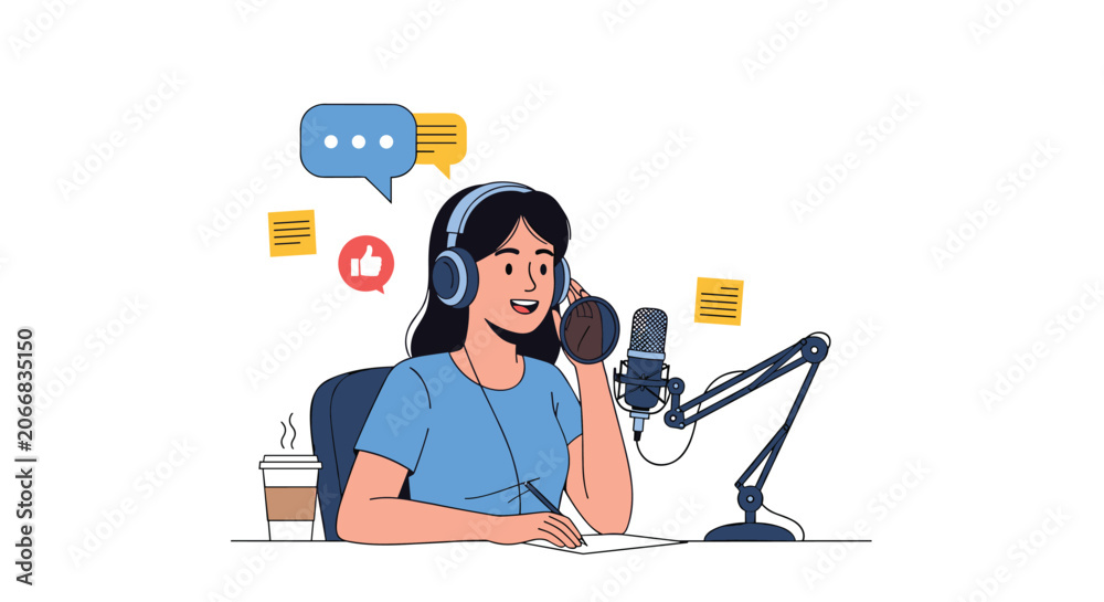 Fototapeta premium Podcaster recording audio content using professional microphone and headphones while taking notes in creative digital studio setting.