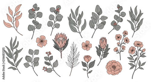 Hand-drawn botanical key elements set showcasing diverse leaves and elegant blooming flowers, a versatile collection for digital design, wedding invitations, and natural-themed projects
