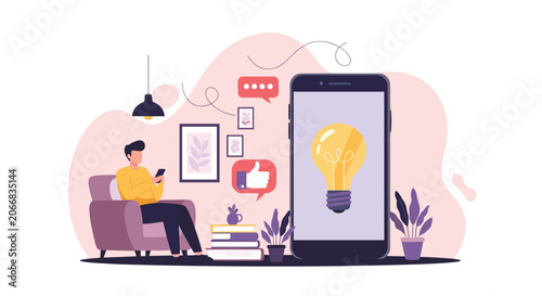 Creative man relaxing on armchair while searching for inspiration and new ideas using mobile phone and digital lightbulb visualization.